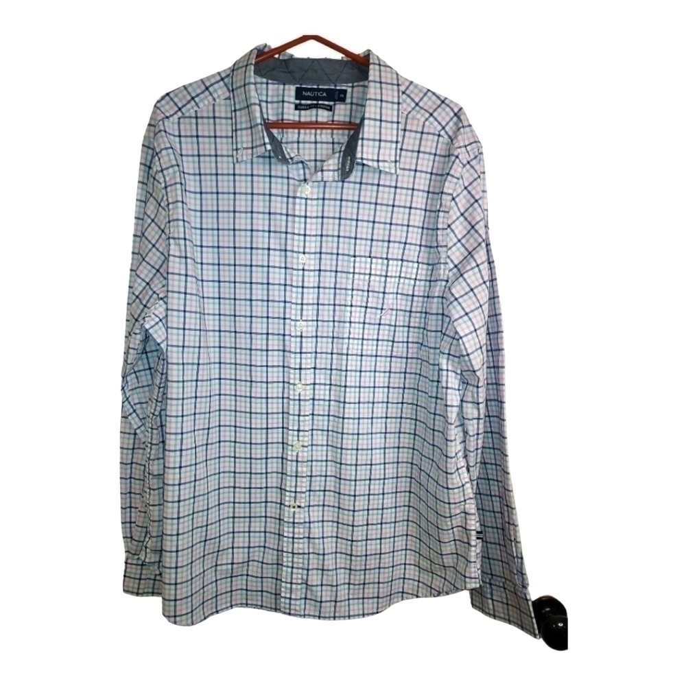 Nautica Mens LS button down Up blue White checked classic fit shirt sz XXL